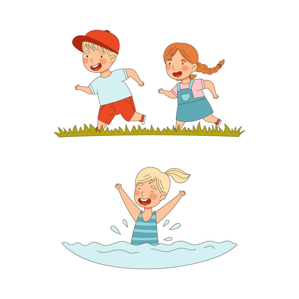 Kids summer activities set. Happy children running and swimming cartoon illustration vector