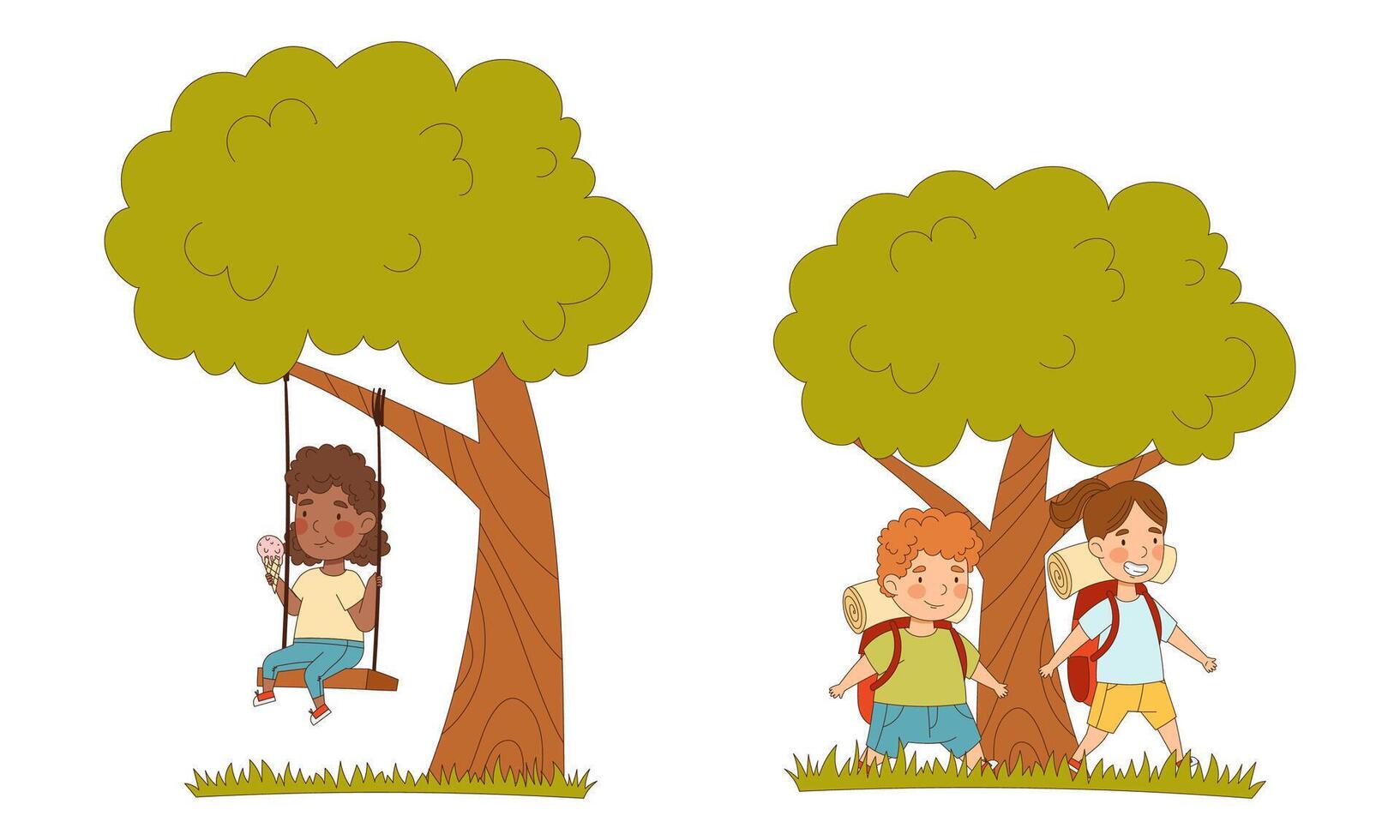 Kids summer activities set. Happy children hiking with backpacks and swinging on swing cartoon illustration vector