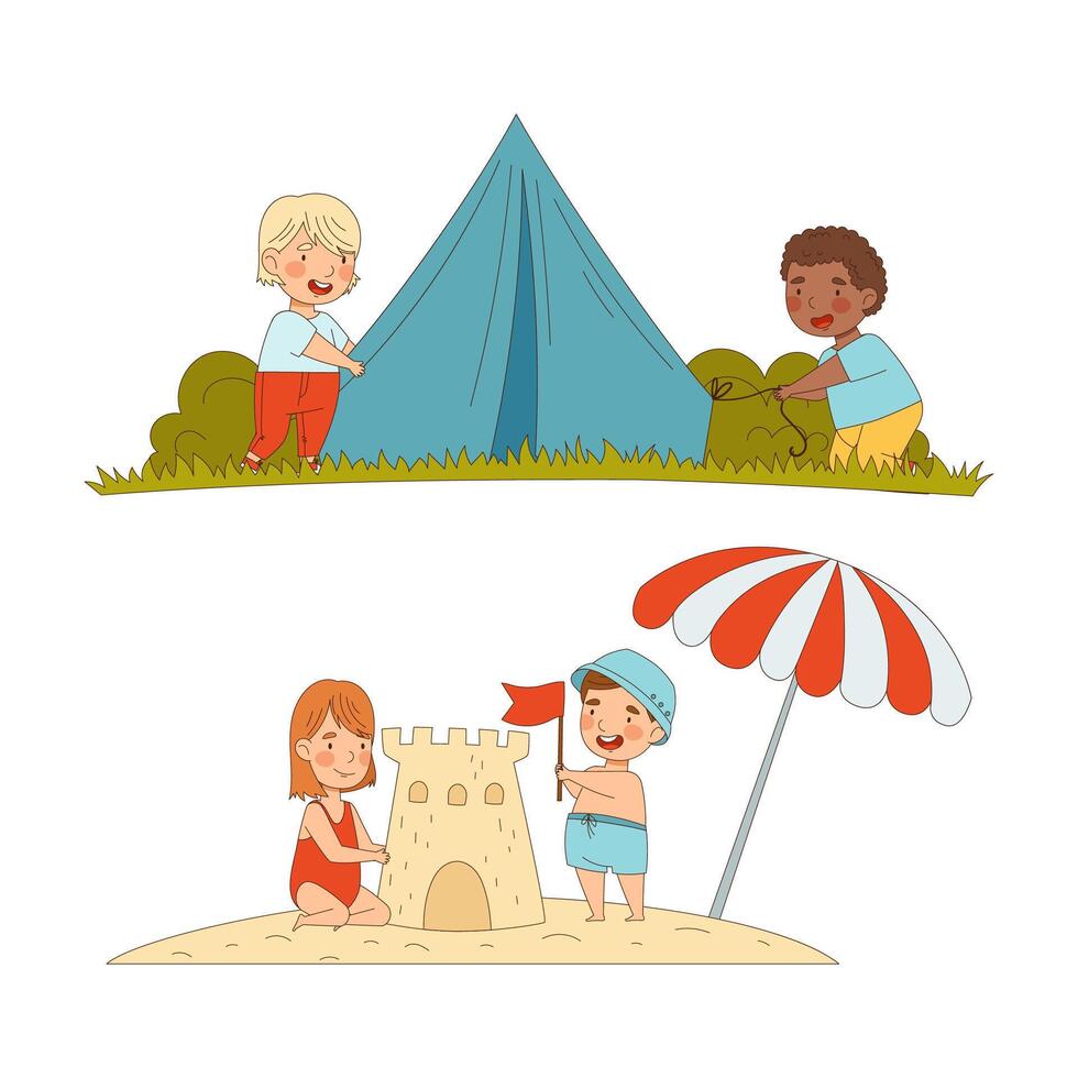 Kids summer activities set. Happy children setting up tent and building sand castle cartoon illustration vector