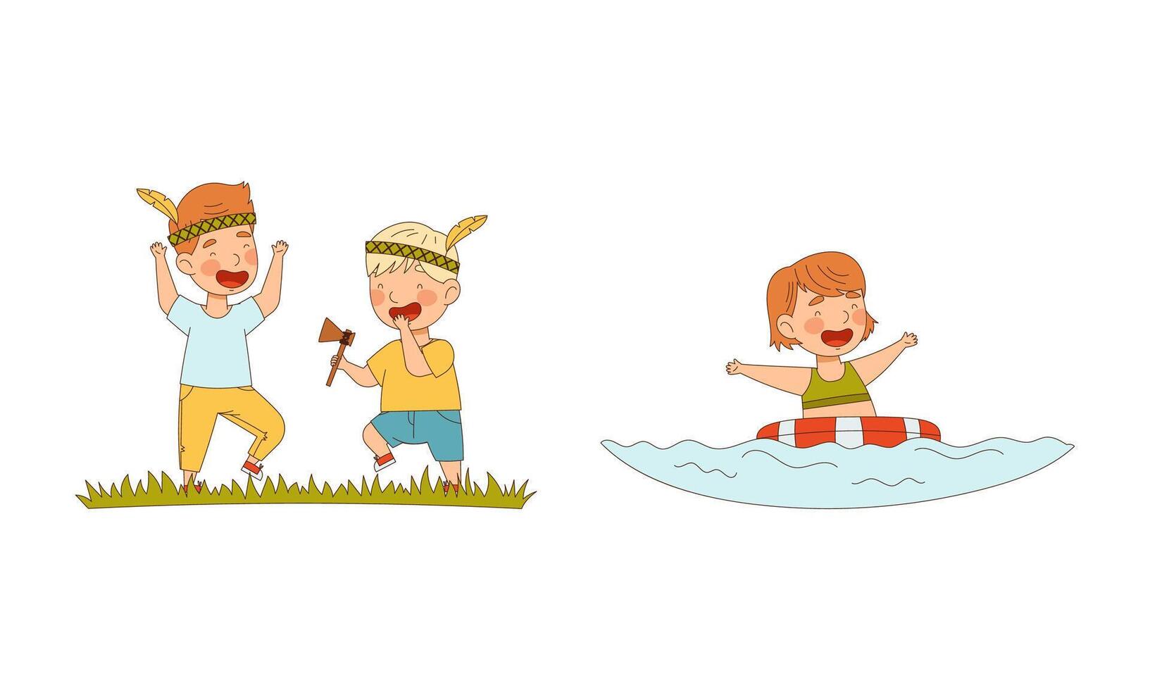 Kids summer activities set. Happy children playing games and swinging outdoors cartoon illustration vector
