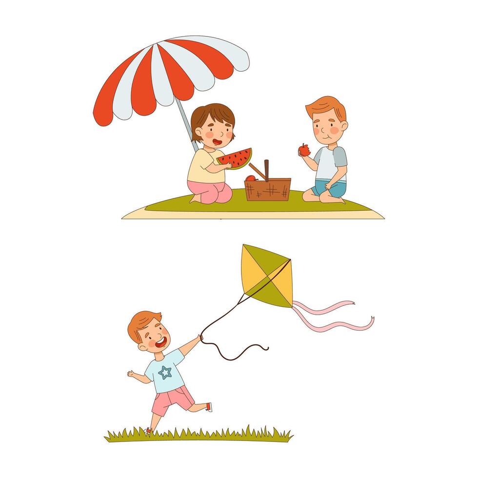 Kids summer activities set. Happy children having picnic and playing kite cartoon illustration vector