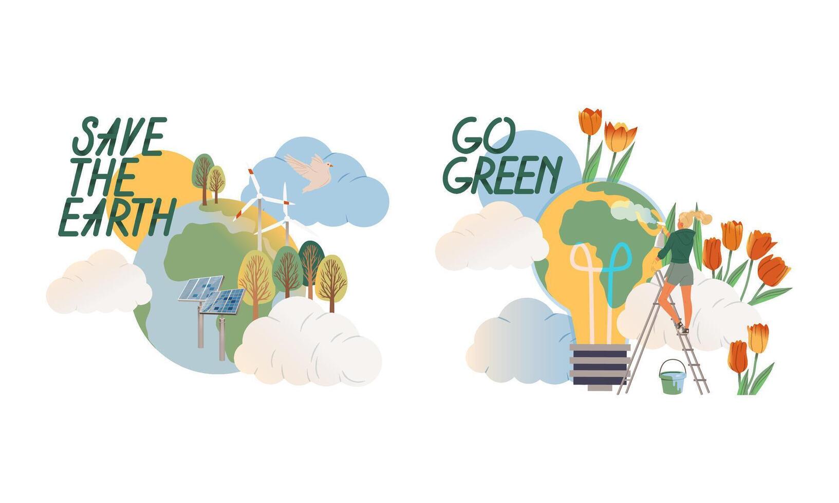 Save the Earth, go green. Ecology and environment concept. People protecting and taking care of nature illustration vector
