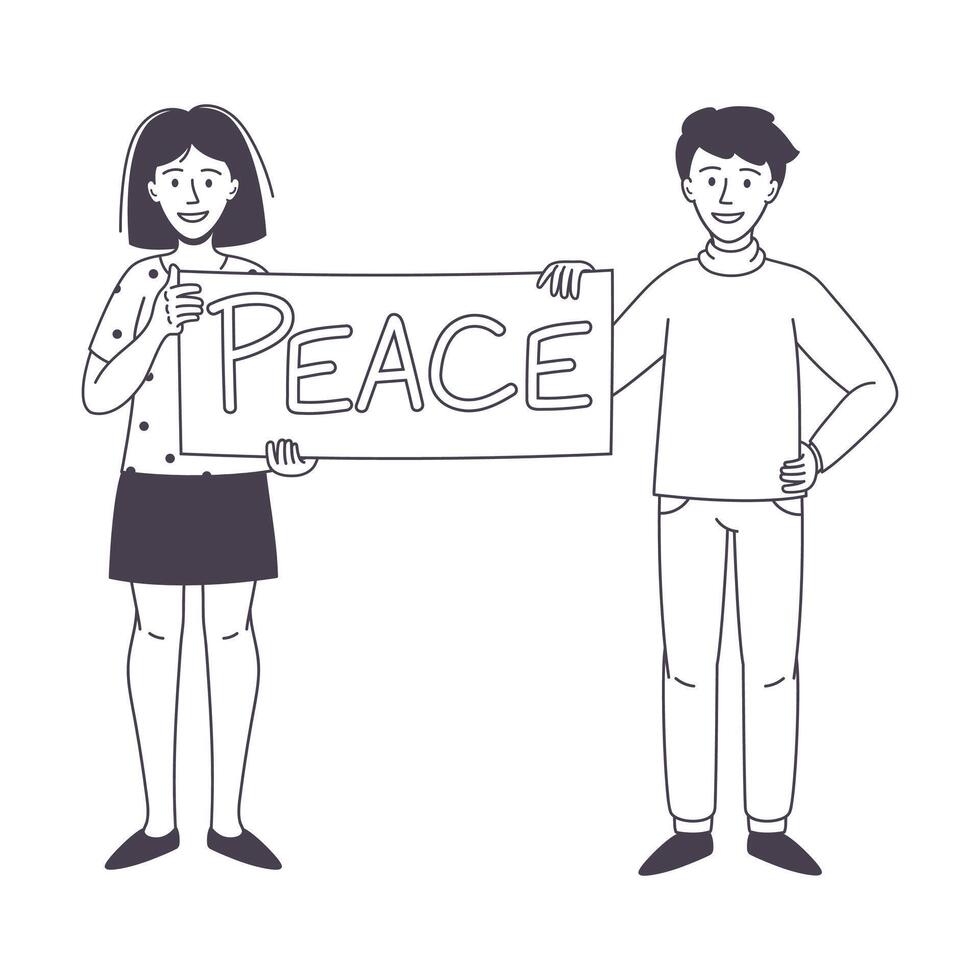 Man and Woman Character Partaking in Demonstration for Peace with Placard Illustration vector
