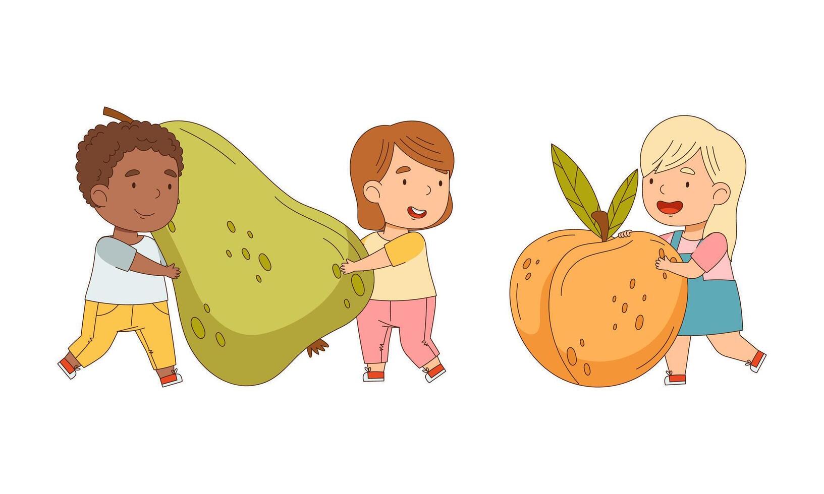 Cute kids with big fruit set. Girls and boy holding pear and apricot cartoon illustration vector