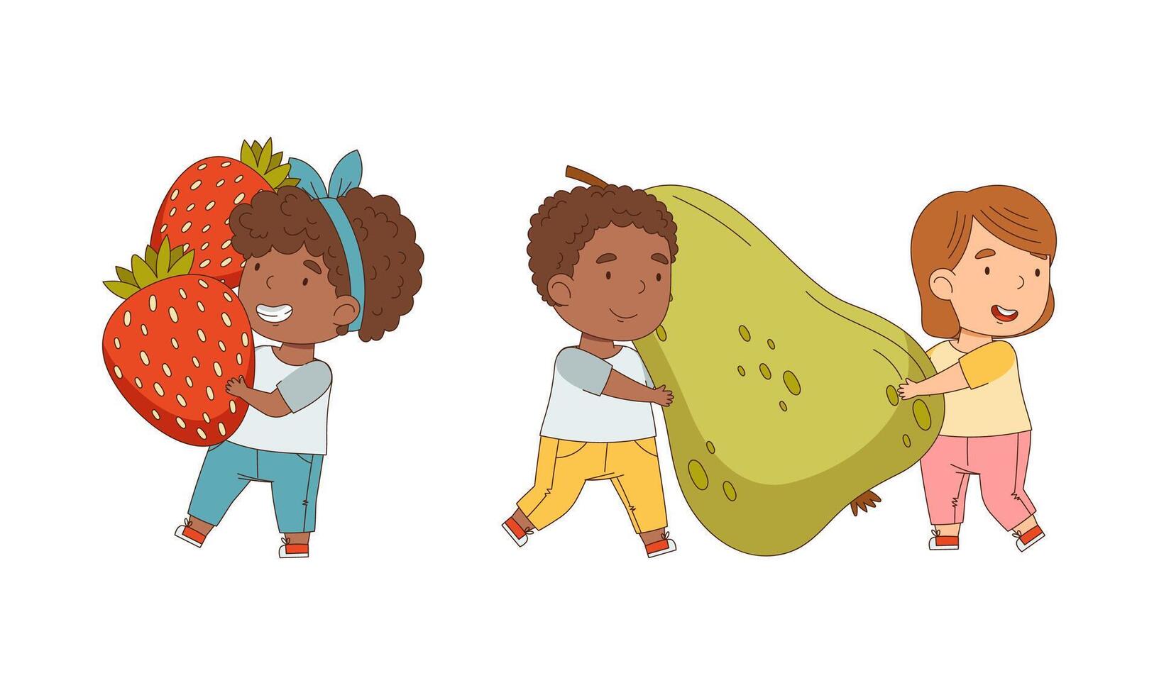 Cute kids with big fruit set. Girls and boy holding pear and strawberry cartoon illustration vector