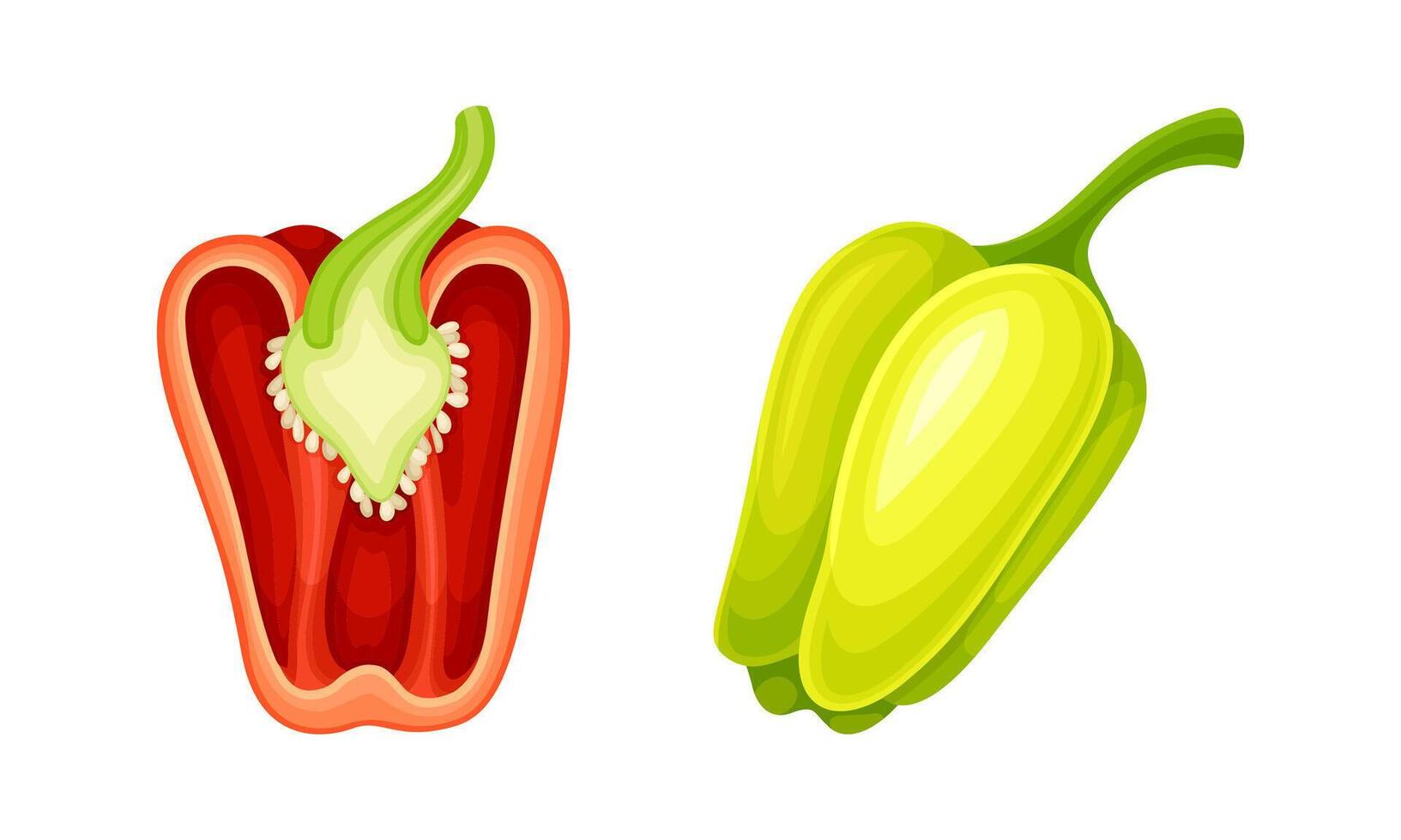 Green and red whole and half pepper bell set illustration vector