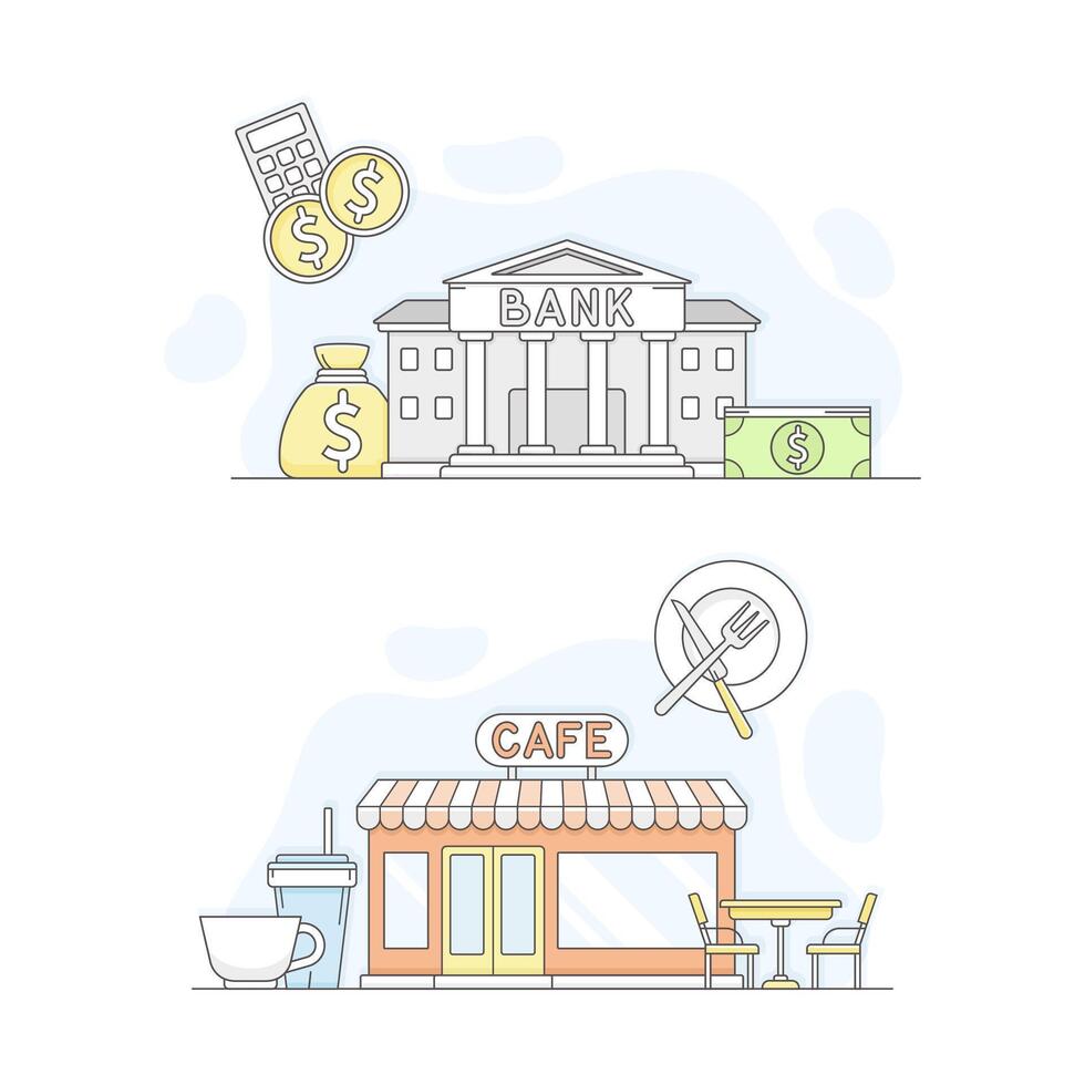 Town public building set. Bank and cafe facade, commercial property illustration vector