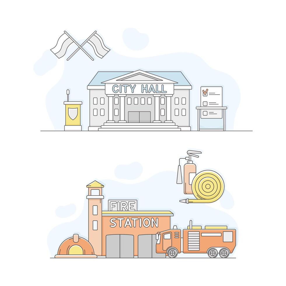Town public building set. City hall and fire station facade, commercial property illustration vector