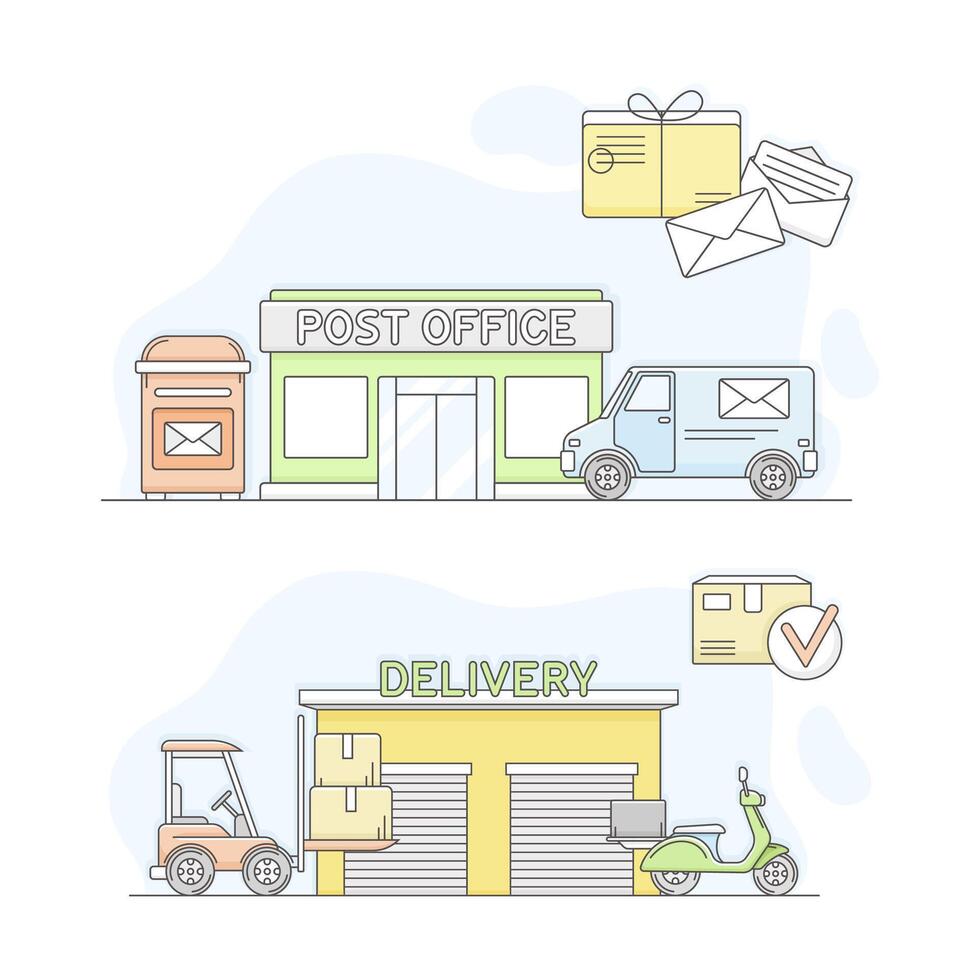 Town public building set. Post office and delivery service facade, commercial property illustration vector