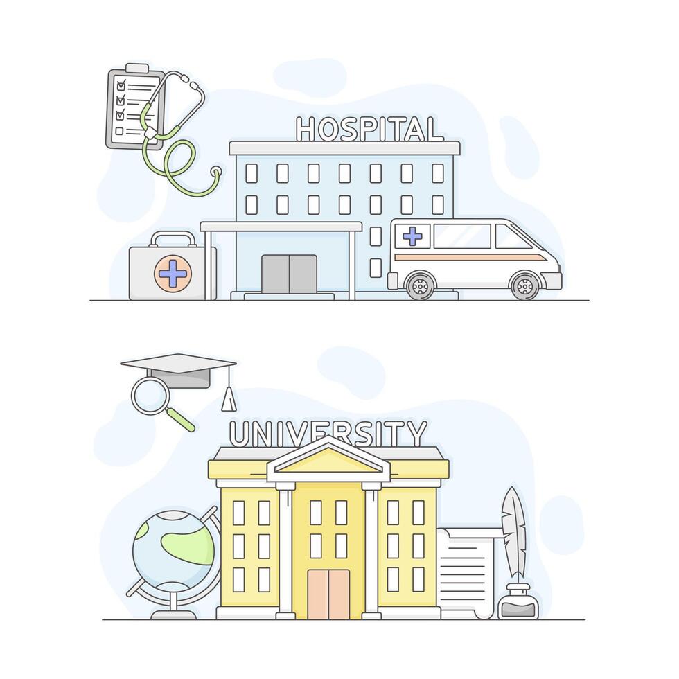 Town public building set. Hospital and university building facade, commercial property illustration vector