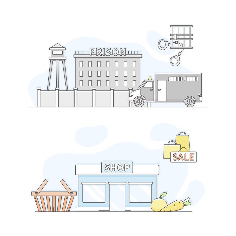 Town public building set. Prison and shop facade, commercial property illustration vector