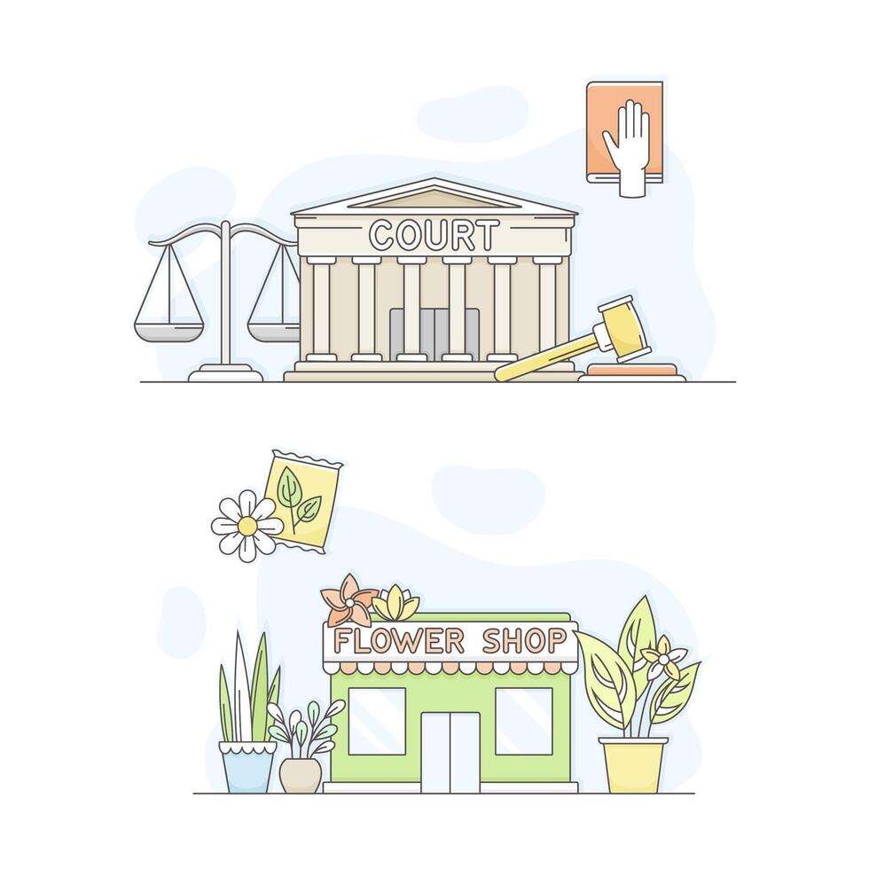 Town public building set. Court and flower shop facade, commercial property illustration vector