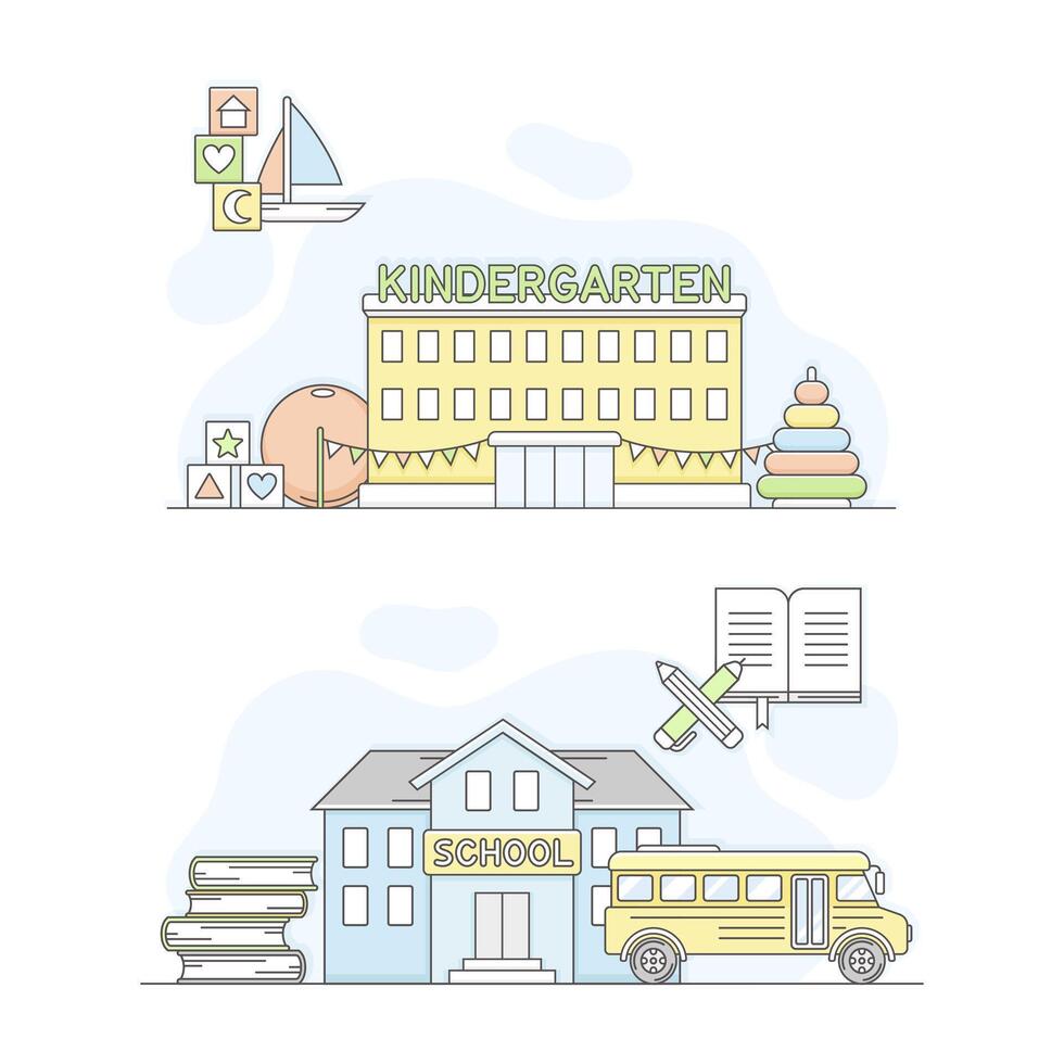 Town public building set. Kindergarten and school facade, commercial property illustration vector