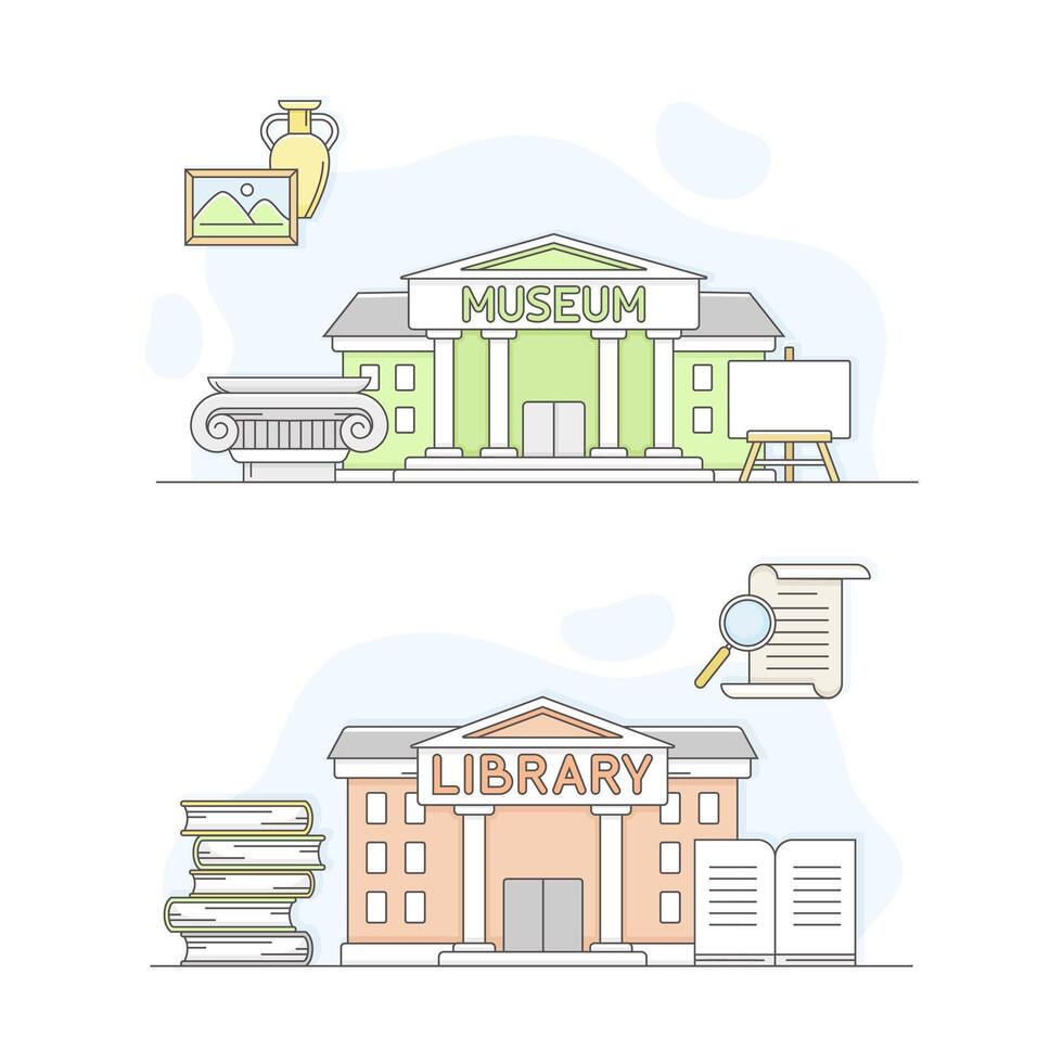 Town public building set. Museum and library facade, commercial property illustration vector
