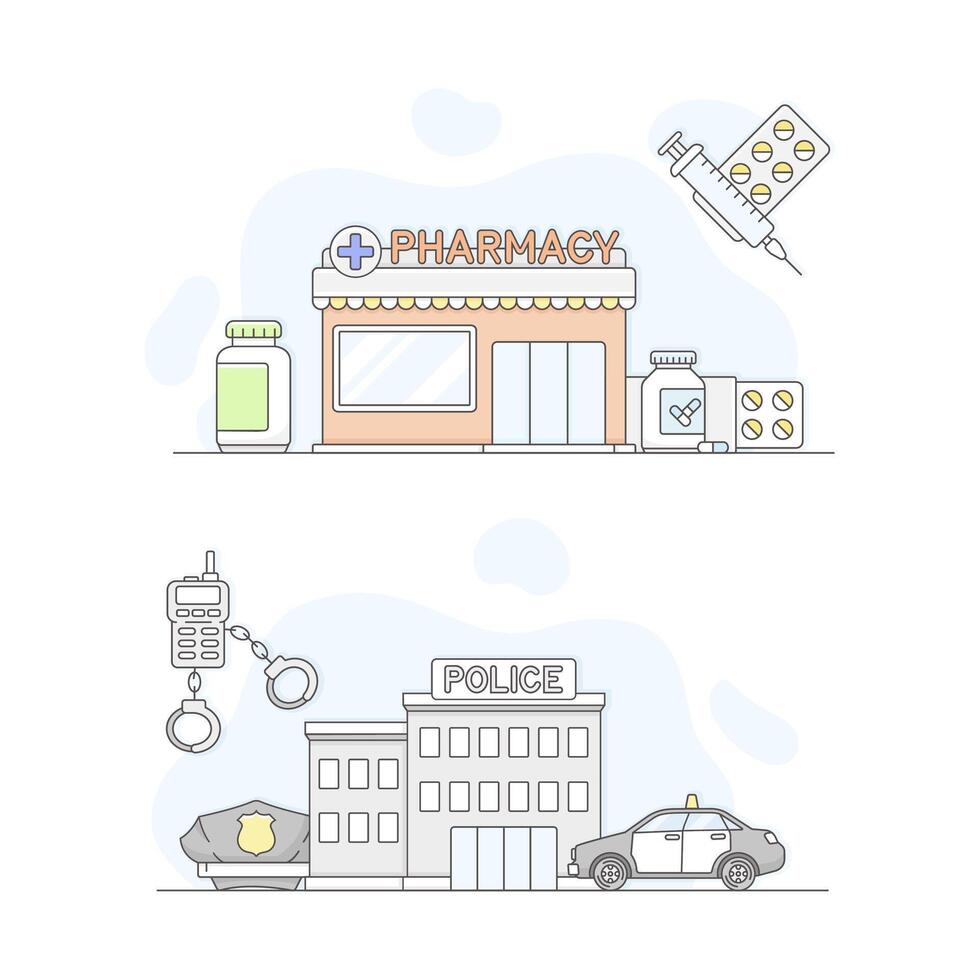 Town public building set. Police and pharmacy facade, commercial property illustration vector