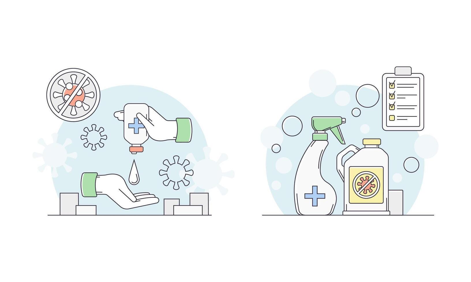 Disinfection related symbols set. Hand hygiene and sanitizer bottles illustration vector