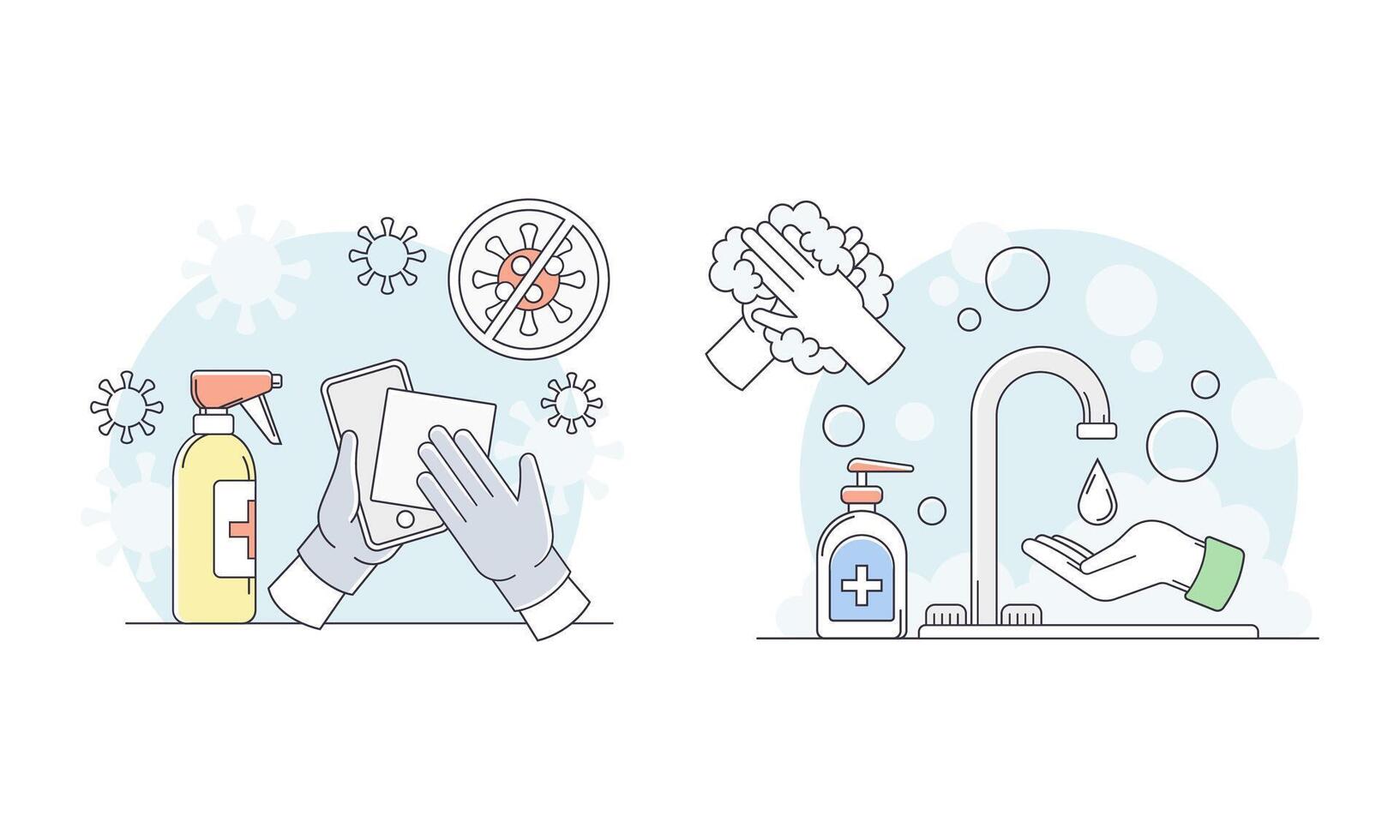 Hygiene and disinfection measures set. Hand washing and disinfecting with antiseptic. Coronavirus safety measures illustration vector
