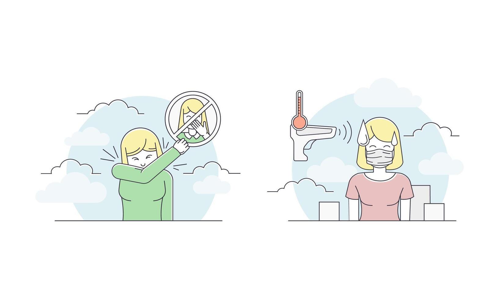 Coronavirus pandemic safety measures. Girl wearing medical mask checking body temperature and coughing into her elbow to protect other from virus spreading illustration vector