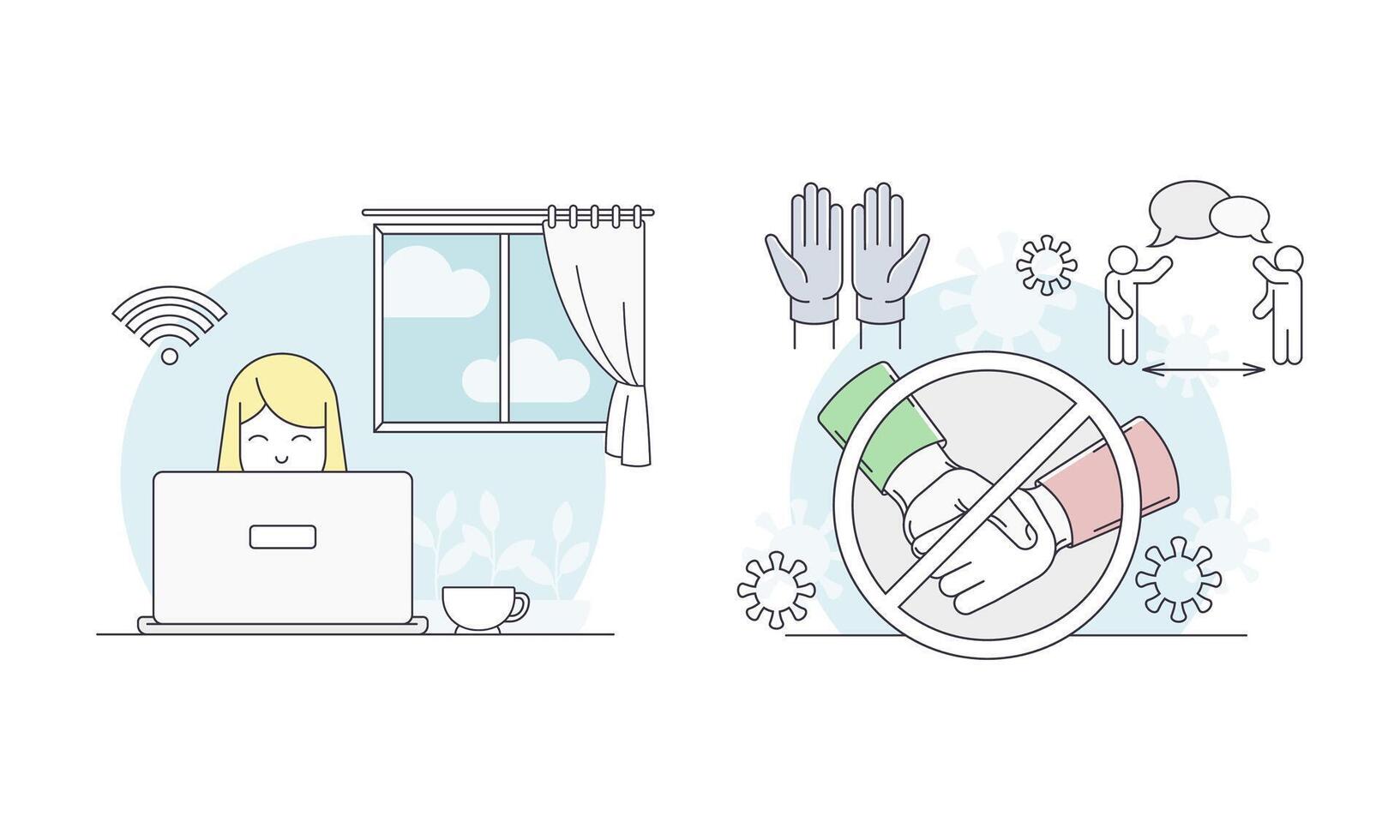 Coronavirus pandemic safety measures. No handshake for virus spread prevention. Work at home illustration vector