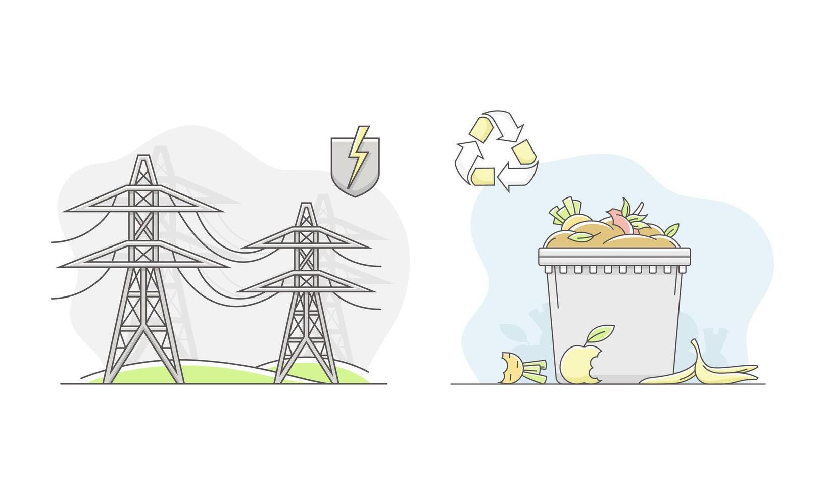 High voltage electric tower and waste recycling. Renewable energy concept. Ecology and environment related symbols illustration vector