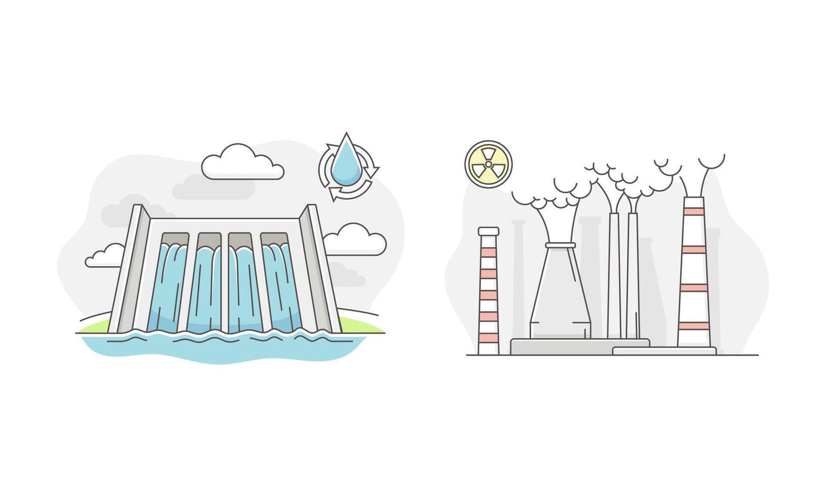 Hydro power station and nuclear power plant. Alternative renewable energy sources illustration vector