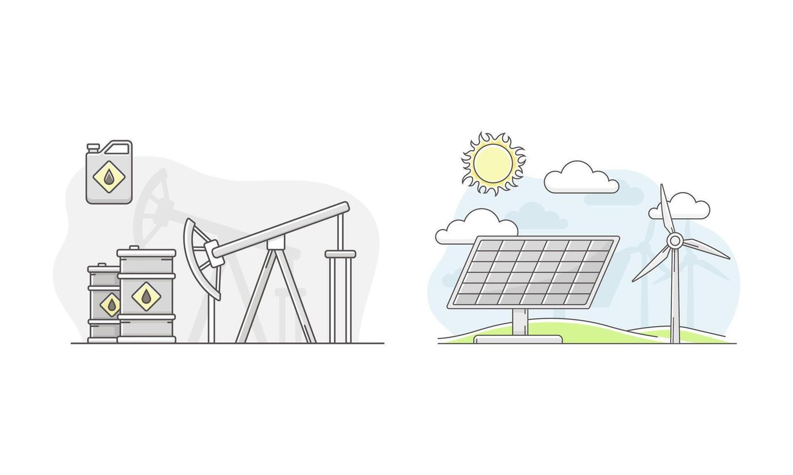 Oil pump jack and solar battery generating pure electricity. Alternative renewable energy sources illustration vector