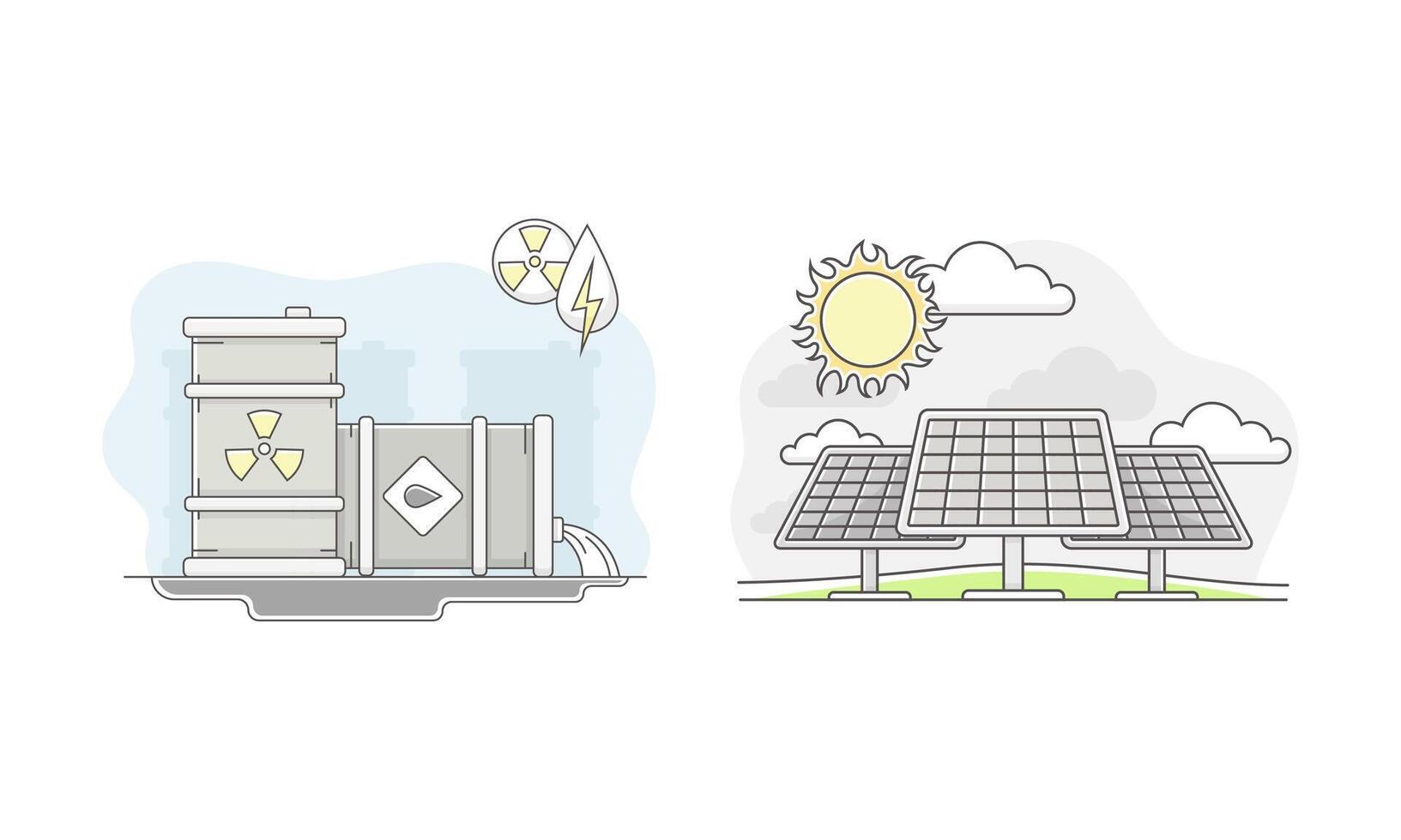 Nuclear waste, refined products and solar battery generating pure electricity. Ecology and environment protection. Alternative renewable energy sources illustration vector