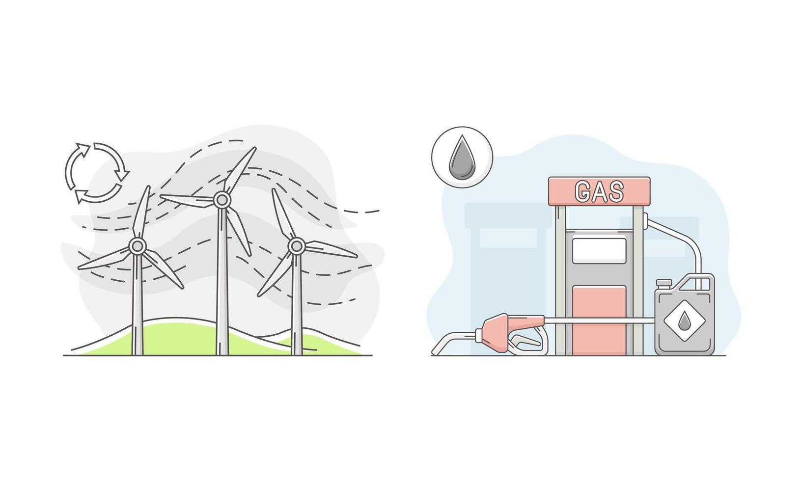 Wind turbines and gas petroleum refill station. Alternative renewable energy sources illustration vector