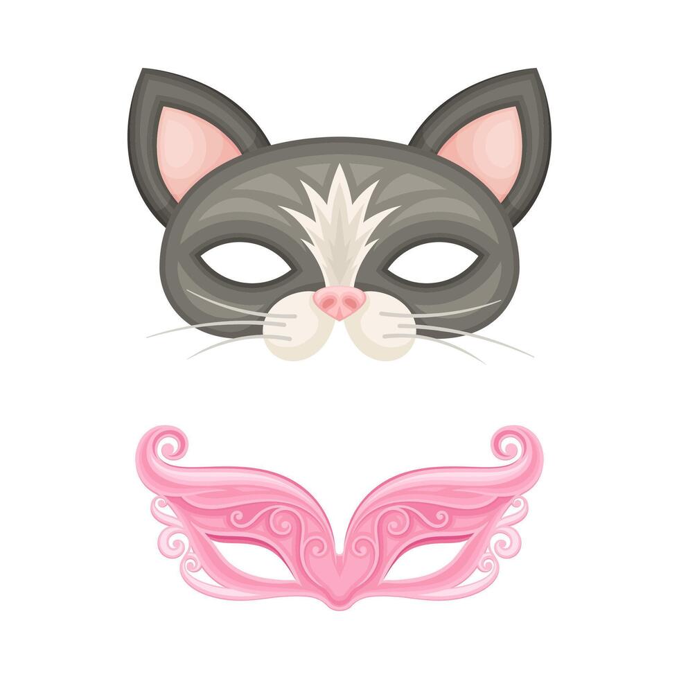 Carnival or masquerade party objects set. Cat and venetian masks cartoon illustration vector