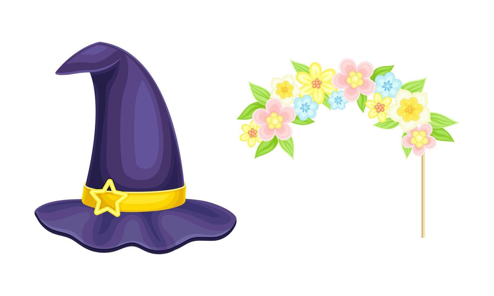 Carnival or masquerade party objects set. Witch hat and wreath of flowers cartoon illustration vector