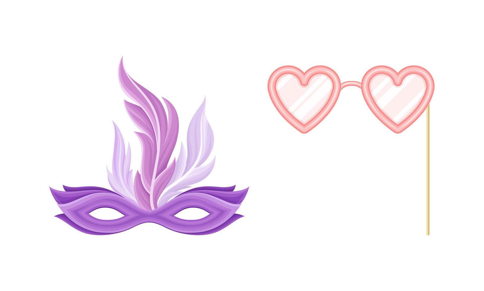 Carnival or masquerade party objects set. Venetian mask and heart shaped eyeglasses cartoon illustration vector