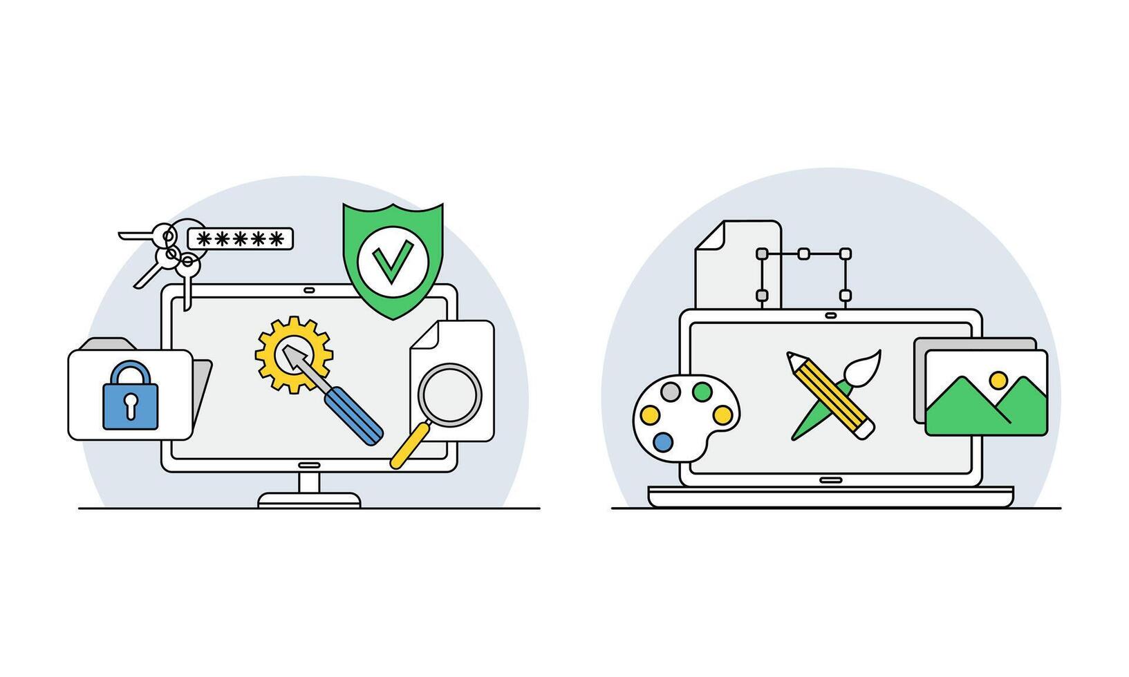 Online education line symbols set. Setting tools, at class. E-learning, distant school illustration vector