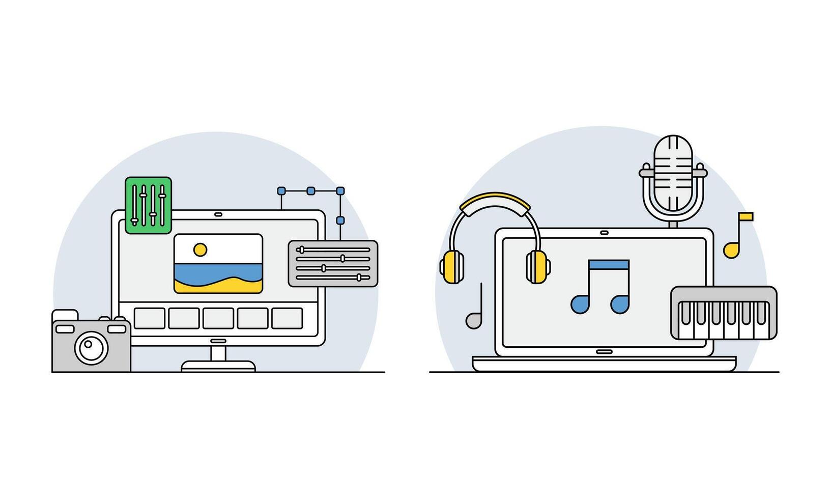Online education line symbols set. Photography course and music lesson. E-learning, distant school illustration vector