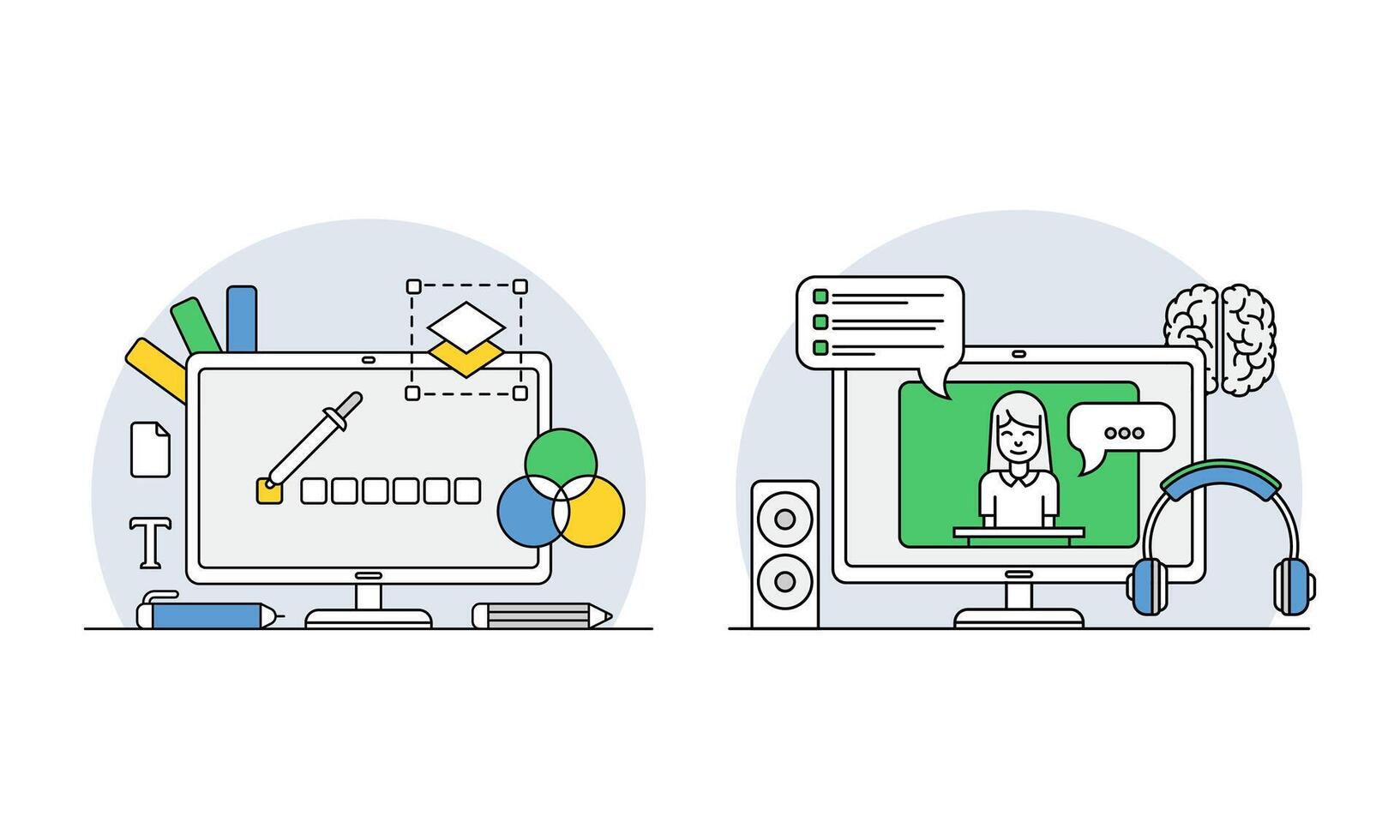Online education line symbols set. E-learning, distant school illustration vector