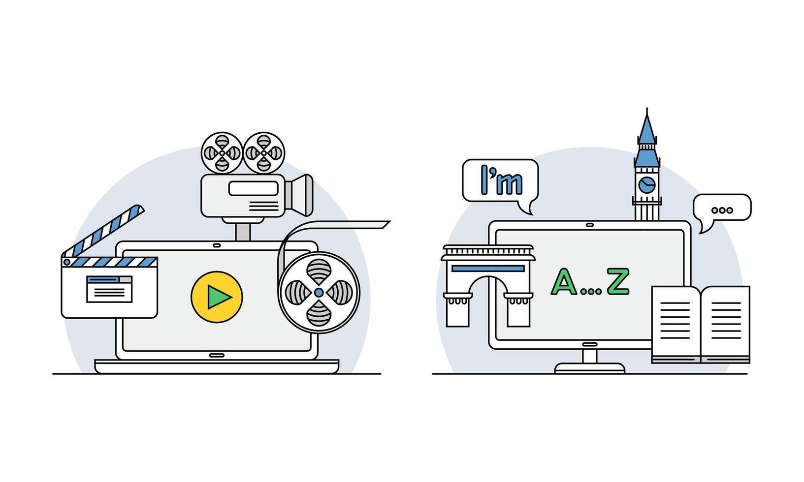 Online education line symbols set. Foreign language lesson, movie class. E-learning, distant school illustration vector