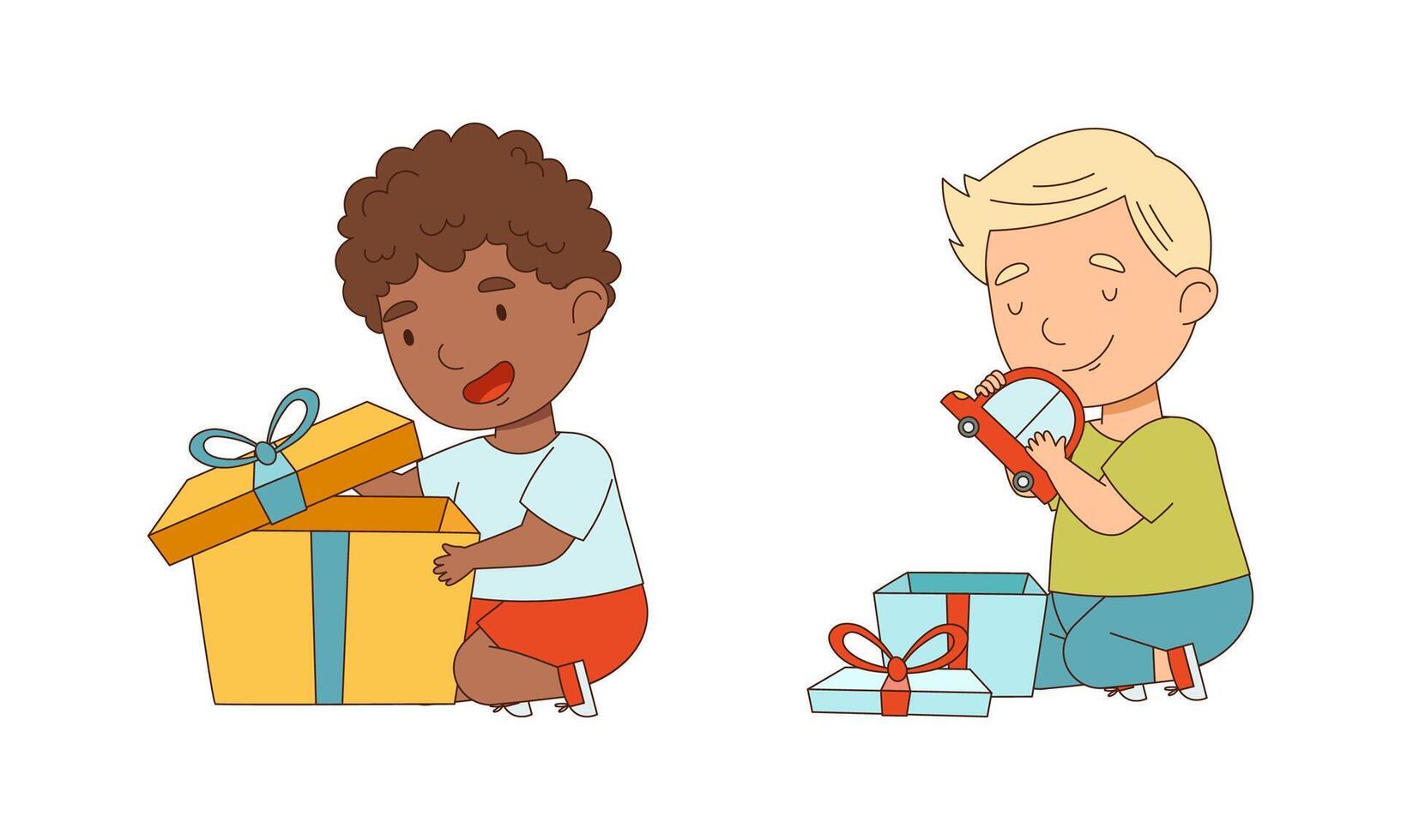 Preschool happy boys sitting on floor unwrapping gift boxes cartoon illustration vector