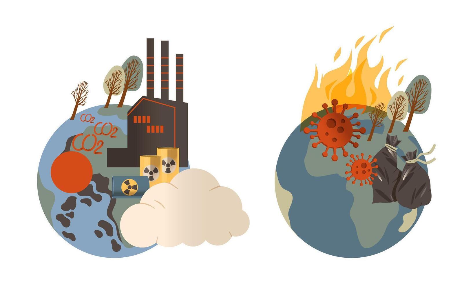 Ecological problems set. Environmental pollution of earth, climate change illustration vector