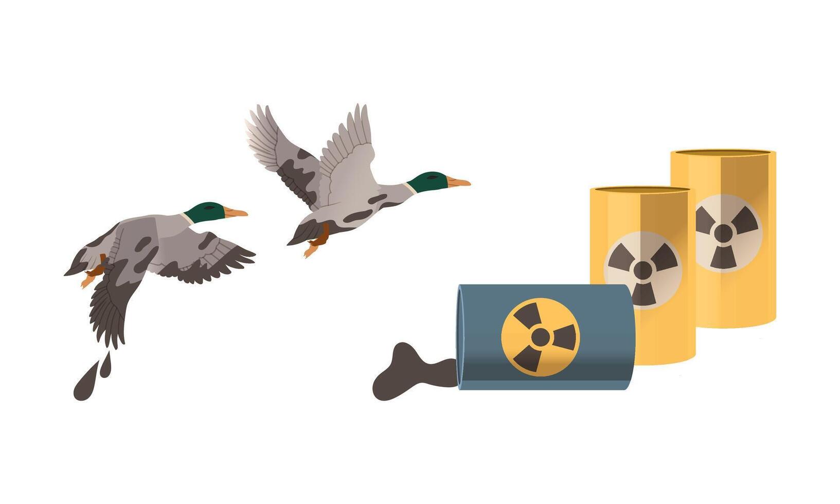 Ecological problems set. Ecological disaster, ducks in oil spill illustration vector