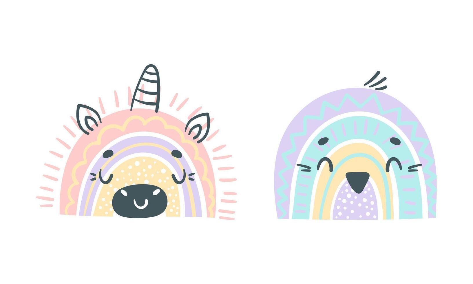 Cute baby animal portraits. Adorable animal faces of bird and unicorn cartoon illustration vector