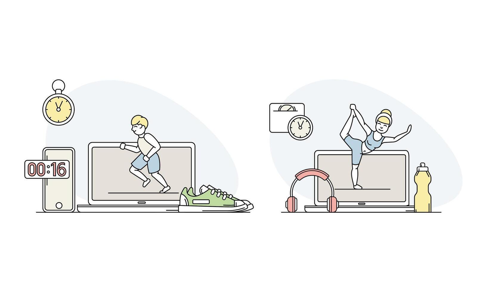 Sport online set. People jogging and doing yoga using laptop computer. Healthy lifestyle concept lined illustration vector