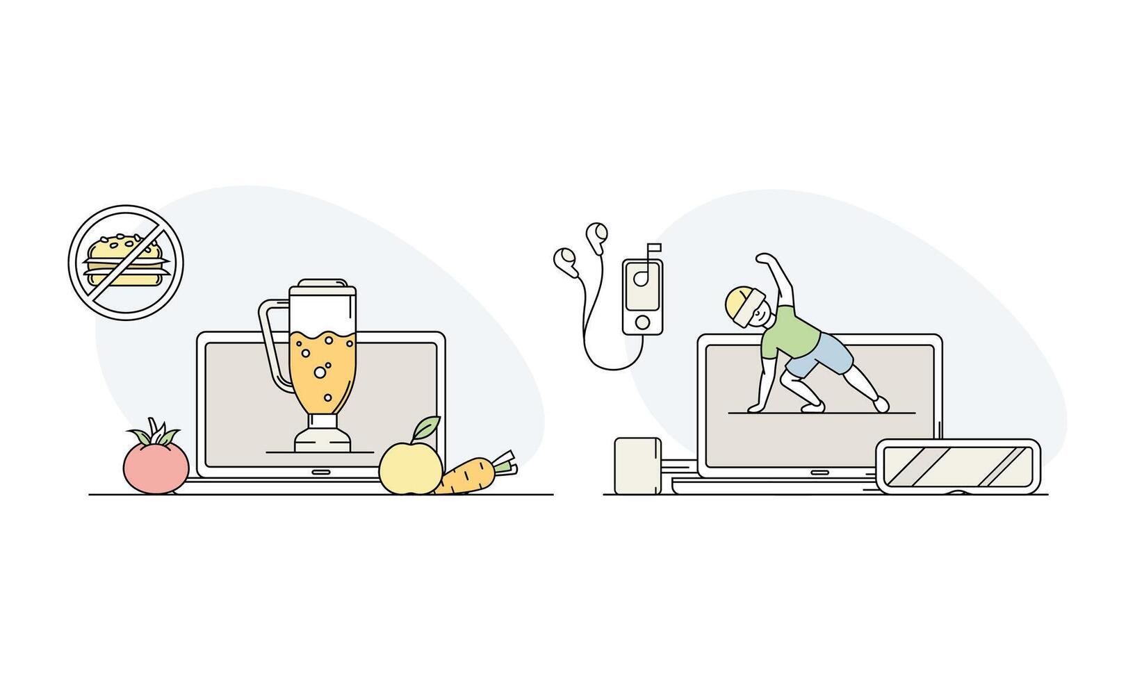 Sport online set. Healthy diet and fitness application lined illustration vector