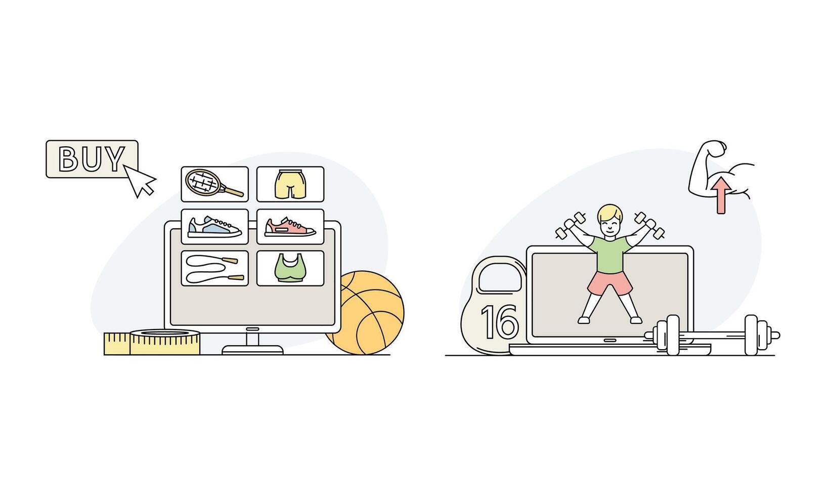 Sport online set. Store of sporting goods and personal sports training. Healthy lifestyle concept lined illustration vector