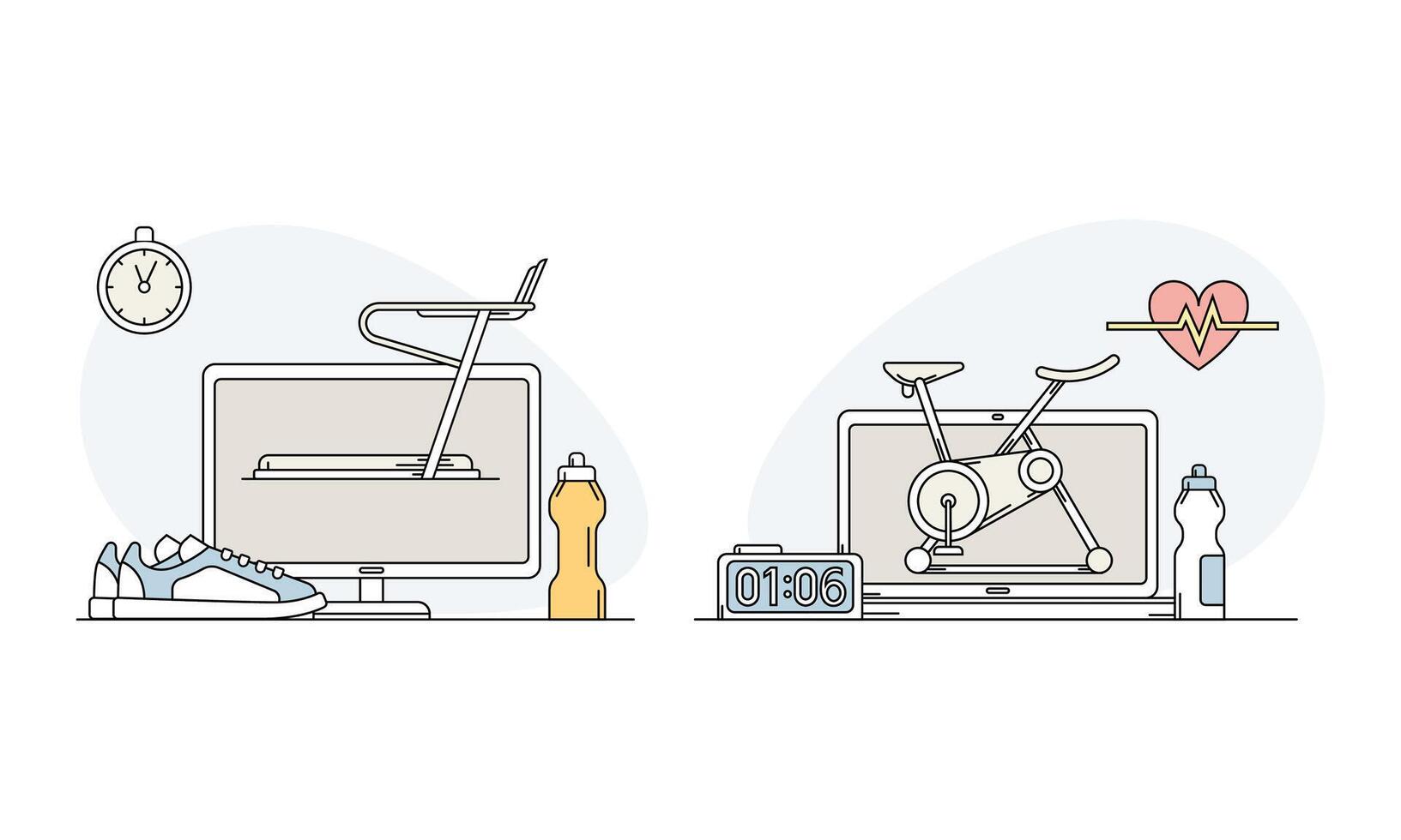Sport online set. Personal sports training with treadmill and exercise bike. Healthy lifestyle concept lined illustration vector