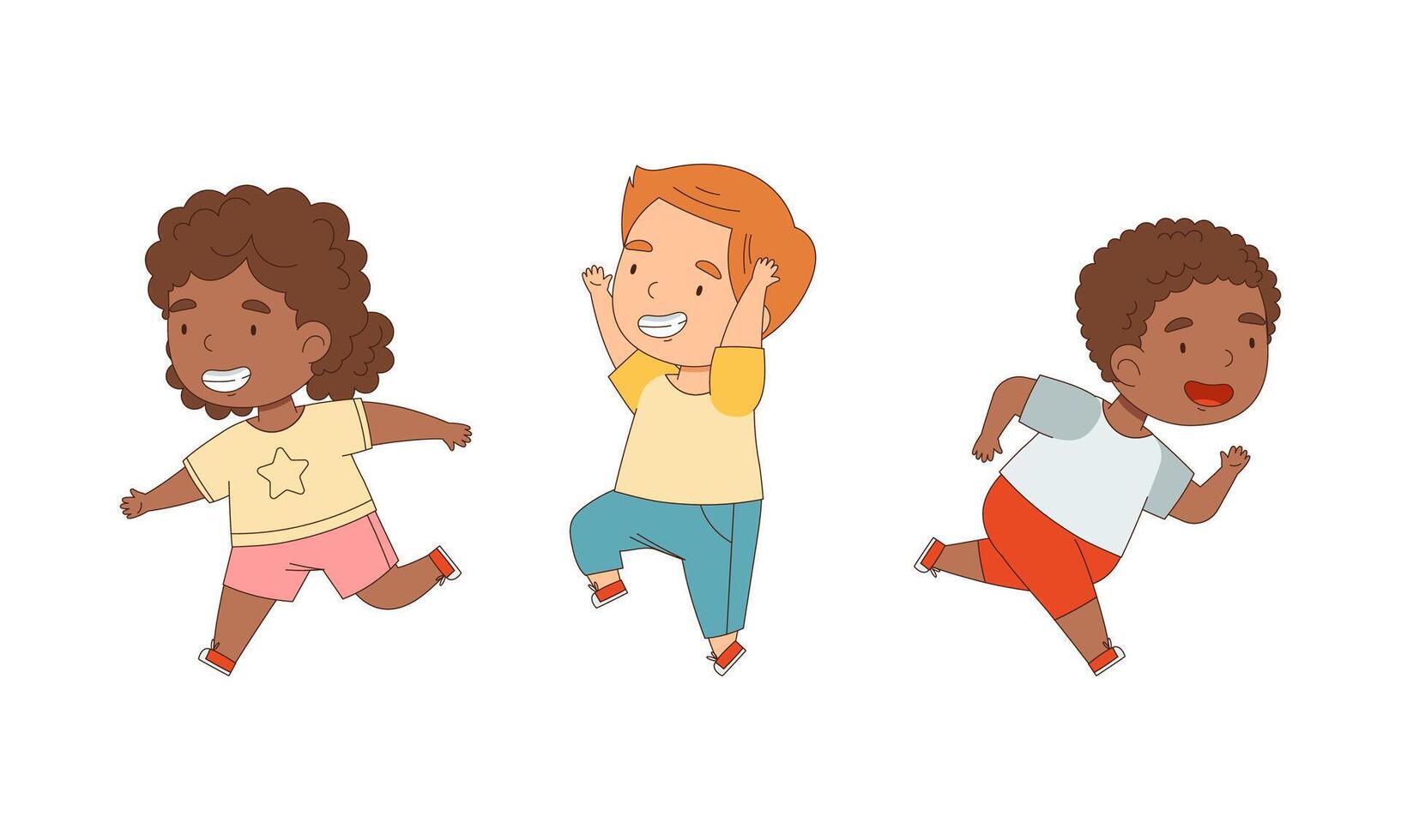Smiling kids running set. Children sports activity cartoon illustration vector