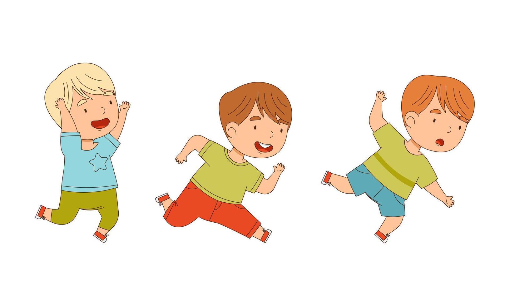 Cute boys running set. Kids taking part in the marathon cartoon illustration vector