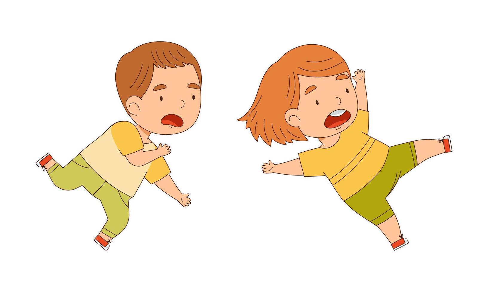 Cute funny kids running and jumping set cartoon illustration vector