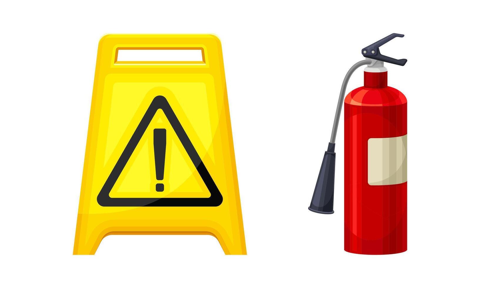 Yellow plastic slippery wet floor caution sign and fire extinguisher illustration vector