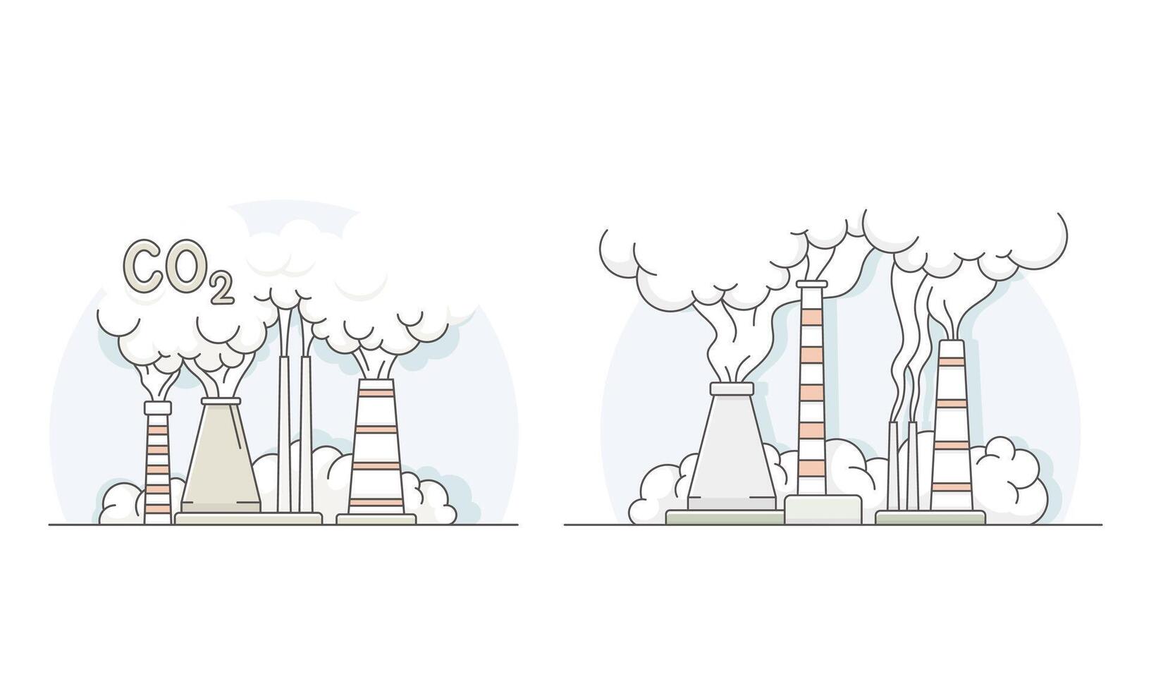 Ecological disasters set. CO2 emissions with industrial smoking pipes of factory lined illustration vector
