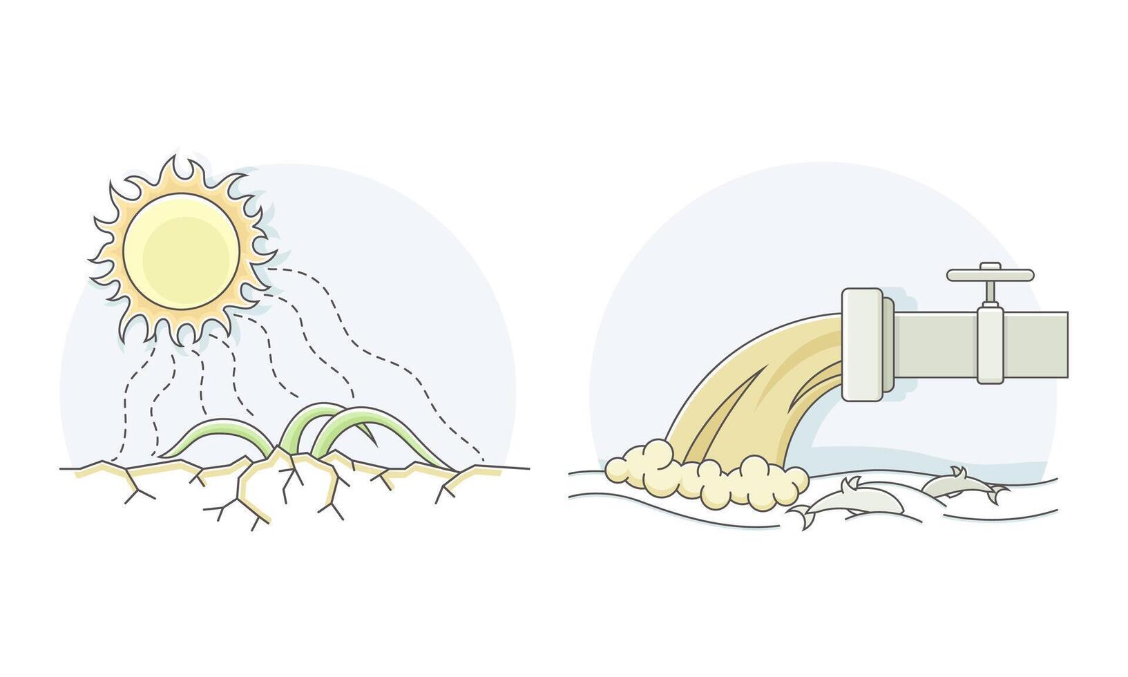 Ecological disasters set. Drought, environmental pollution by industrial waste and sewage lined illustration vector