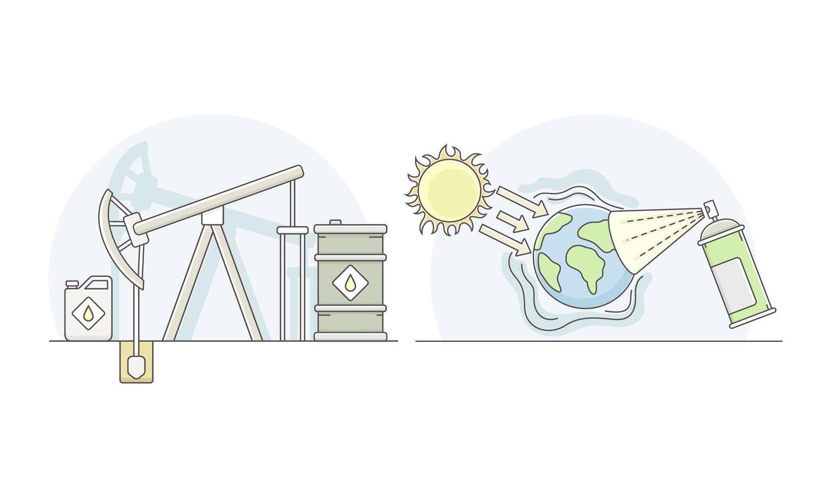 Ecological disasters set. Oil production and climate change lined illustration vector